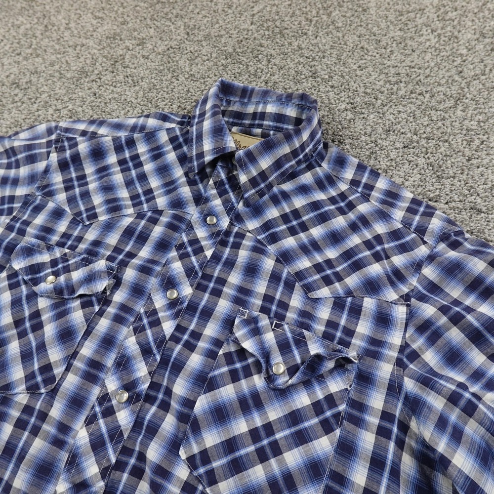 Wrangler Shirt Mens L Blue Plaid Western Pearl Snap Up Short Sleeve Cowboy Rodeo